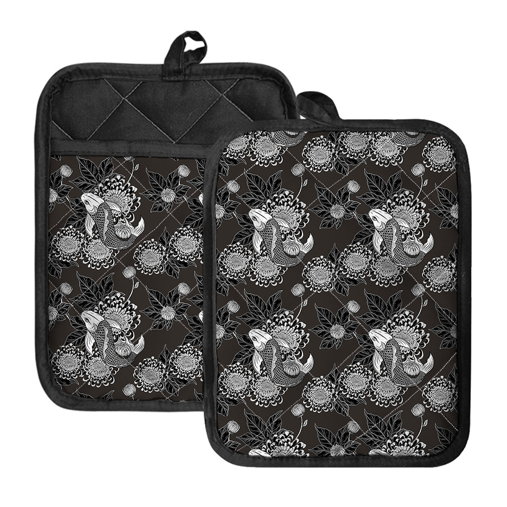 Koi Carp And Chrysanthemum Pattern Print Pot Holders With Pocket