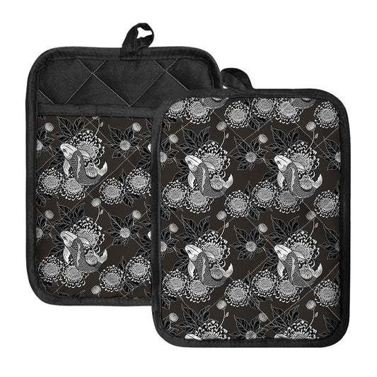 Koi Carp And Chrysanthemum Pattern Print Pot Holders With Pocket