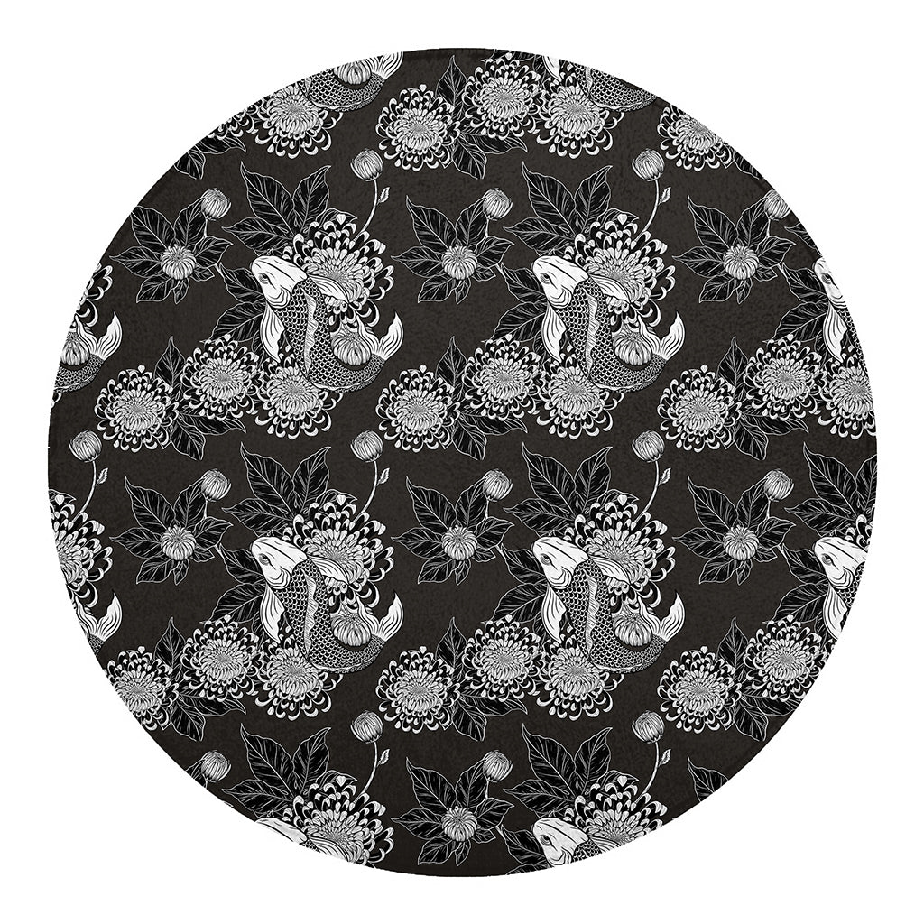Koi Carp And Chrysanthemum Pattern Print Round Blanket