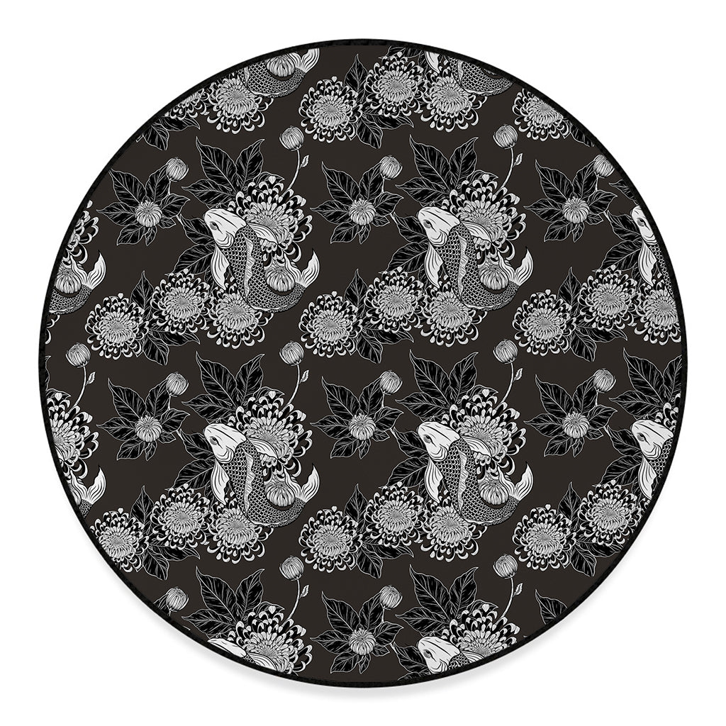 Koi Carp And Chrysanthemum Pattern Print Round Floor Mat