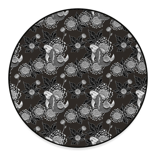 Koi Carp And Chrysanthemum Pattern Print Round Floor Mat