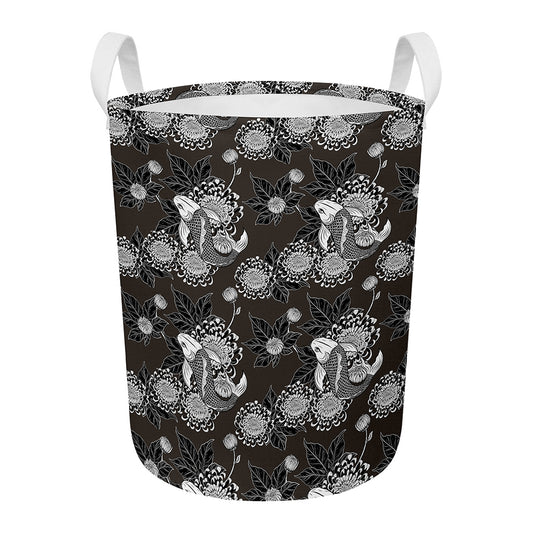 Koi Carp And Chrysanthemum Pattern Print Round Laundry Basket