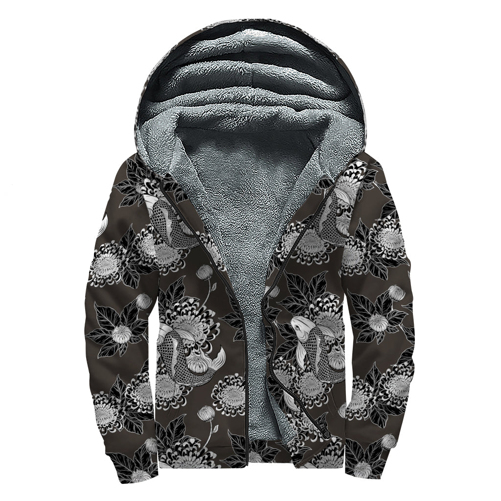 Koi Carp And Chrysanthemum Pattern Print Sherpa Lined Zip Up Hoodie