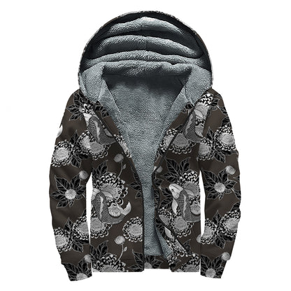 Koi Carp And Chrysanthemum Pattern Print Sherpa Lined Zip Up Hoodie