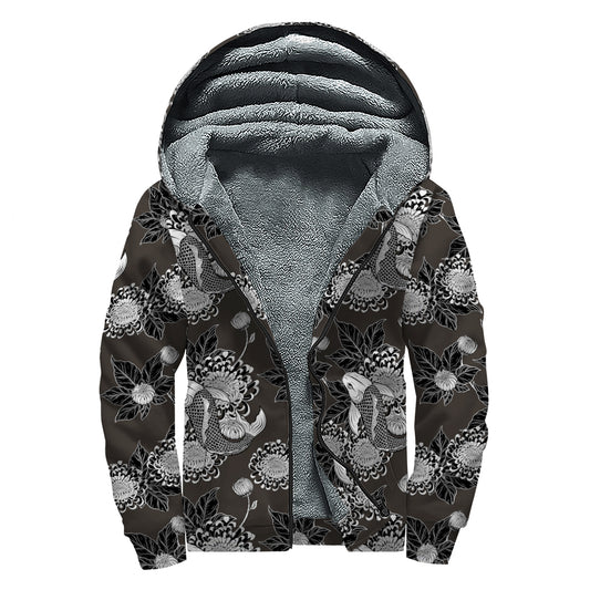 Koi Carp And Chrysanthemum Pattern Print Sherpa Lined Zip Up Hoodie