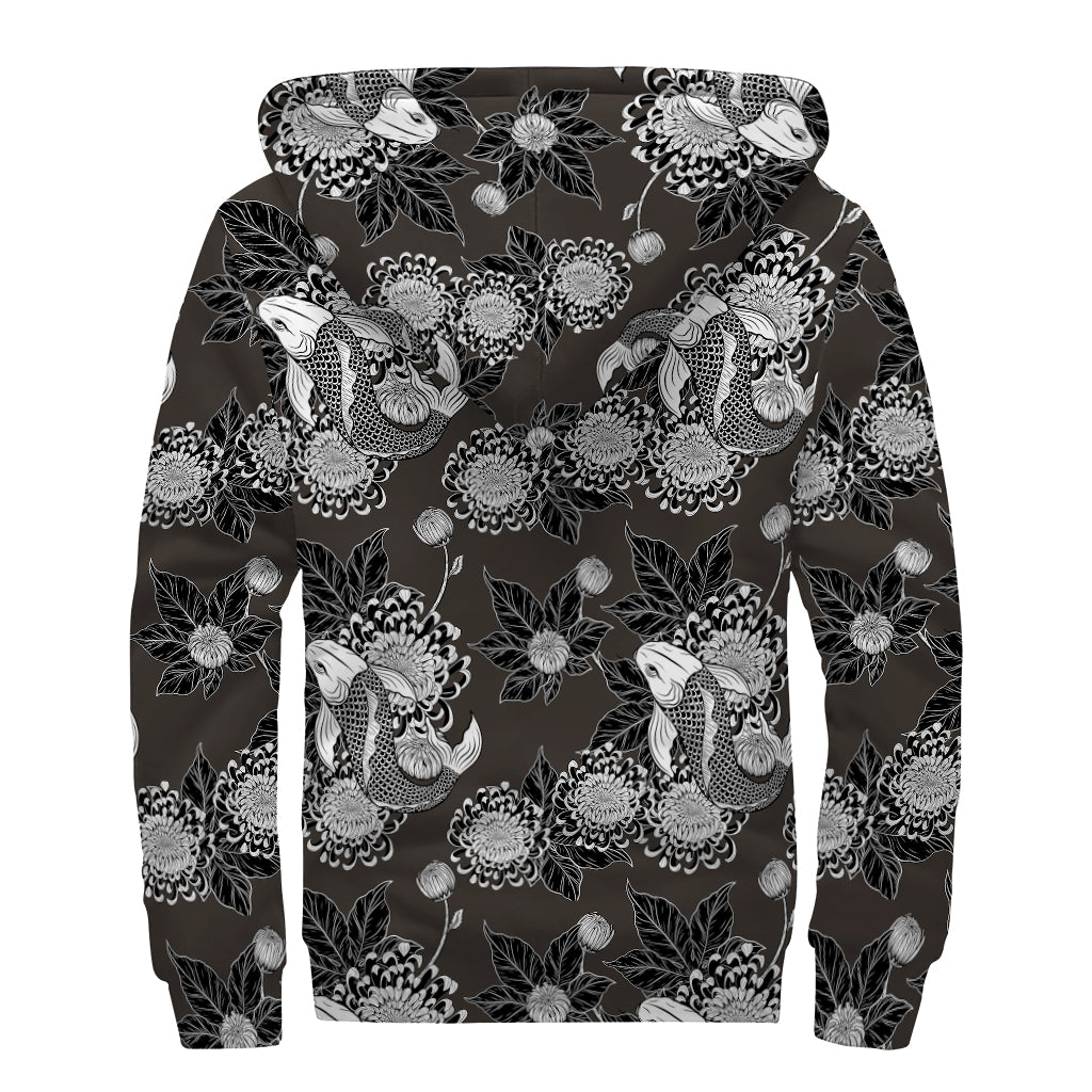 Koi Carp And Chrysanthemum Pattern Print Sherpa Lined Zip Up Hoodie