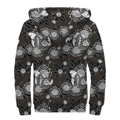 Koi Carp And Chrysanthemum Pattern Print Sherpa Lined Zip Up Hoodie