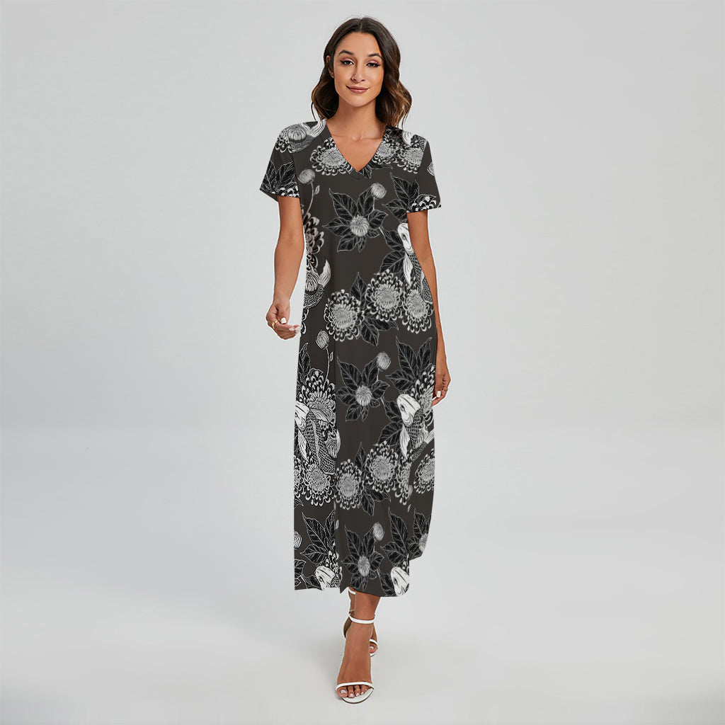 Koi Carp And Chrysanthemum Pattern Print Short Sleeve Maxi Dress