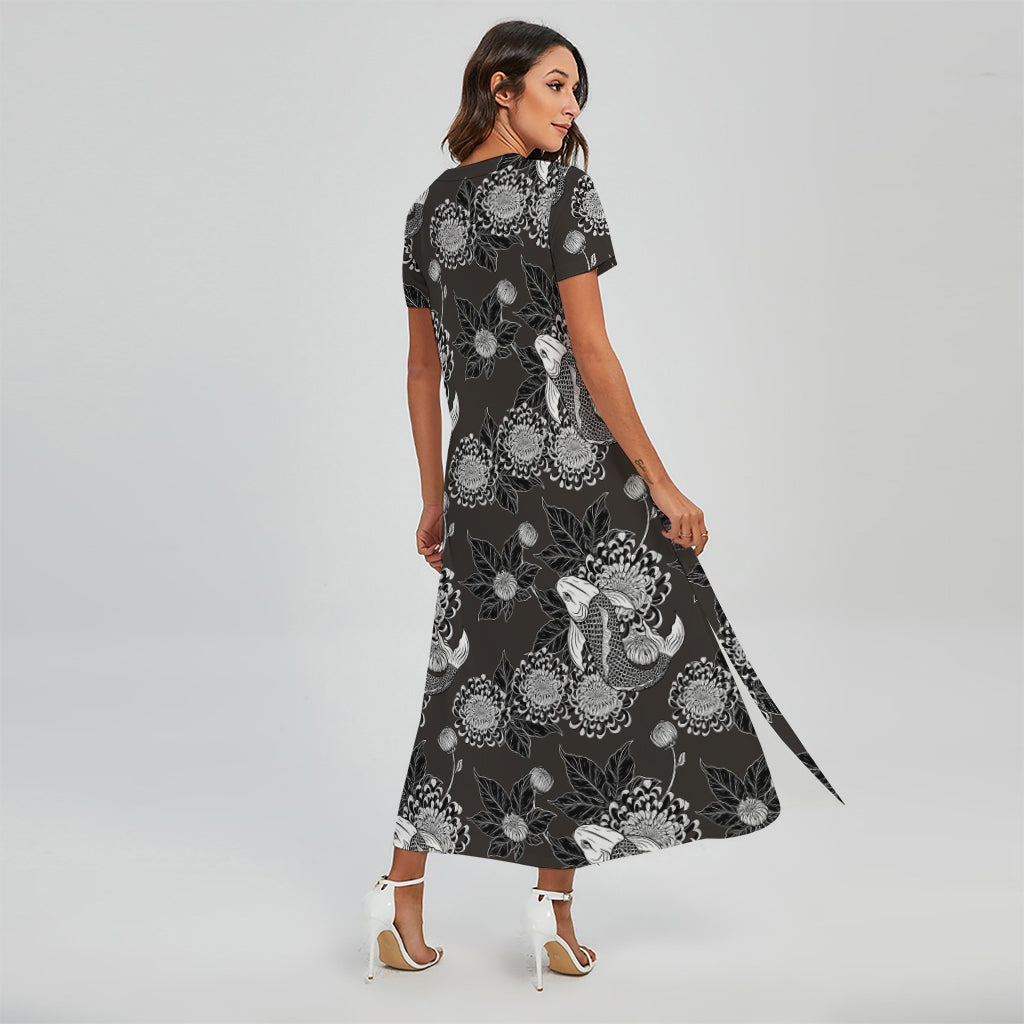 Koi Carp And Chrysanthemum Pattern Print Short Sleeve Maxi Dress