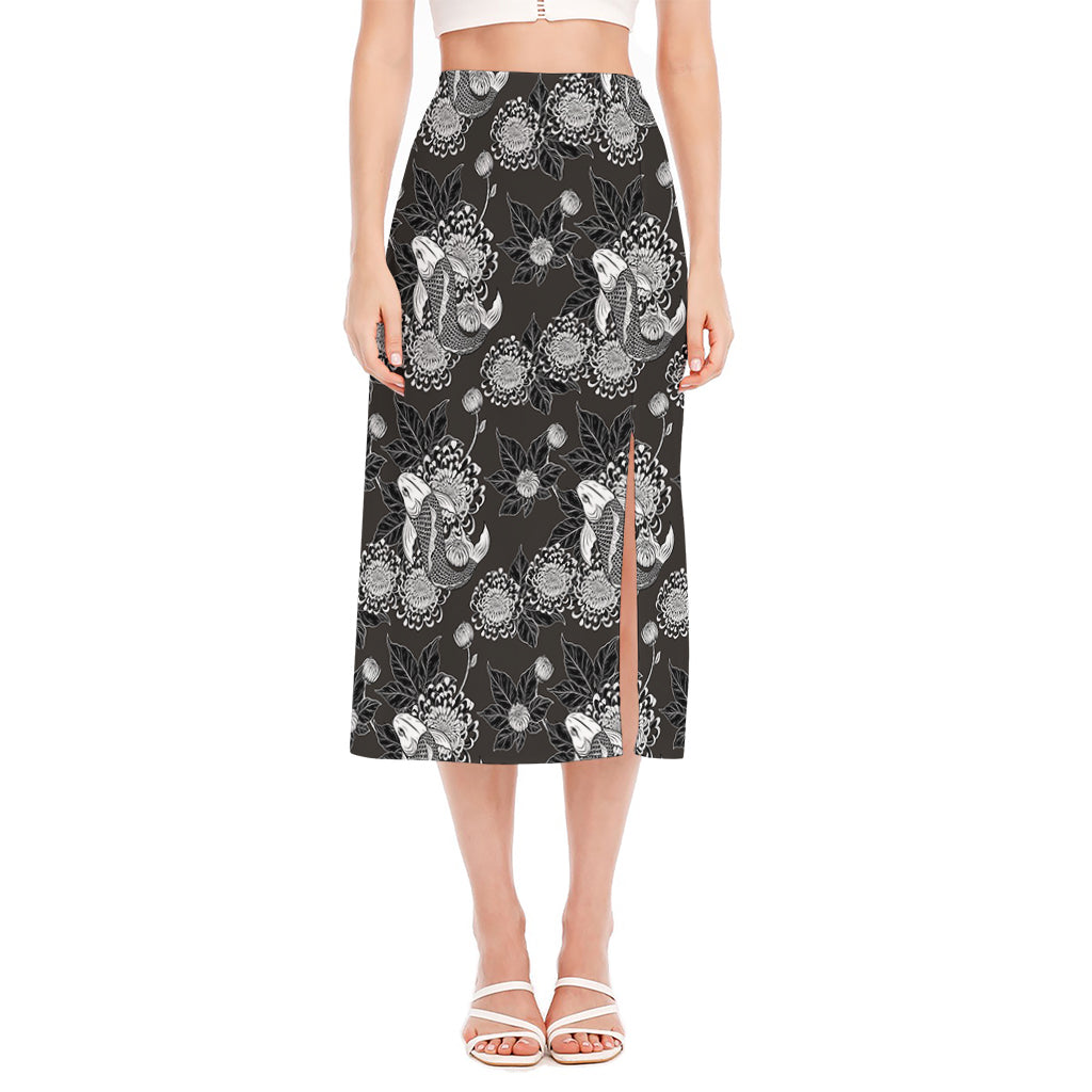 Koi Carp And Chrysanthemum Pattern Print Side Slit Midi Skirt