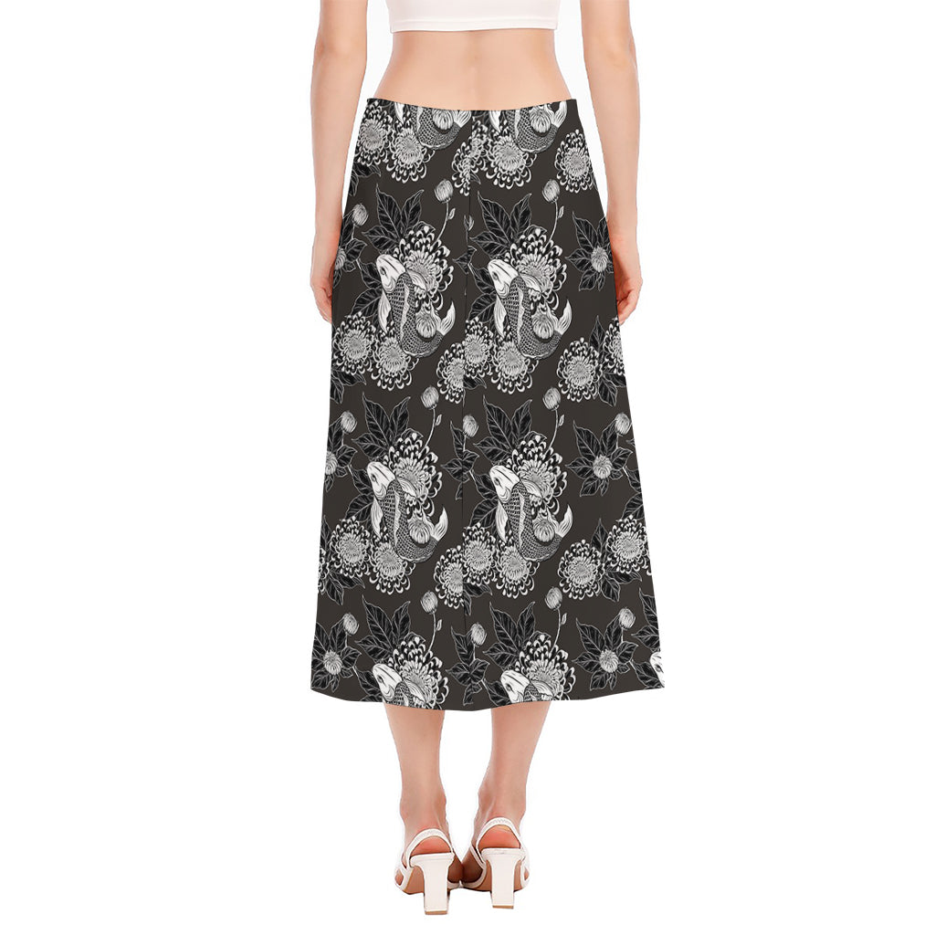 Koi Carp And Chrysanthemum Pattern Print Side Slit Midi Skirt