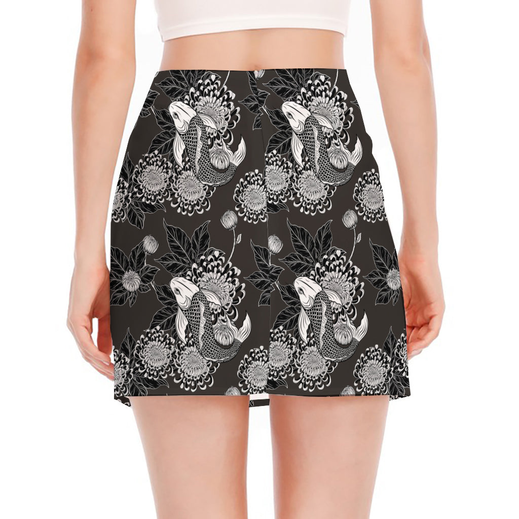 Koi Carp And Chrysanthemum Pattern Print Side Slit Mini Skirt