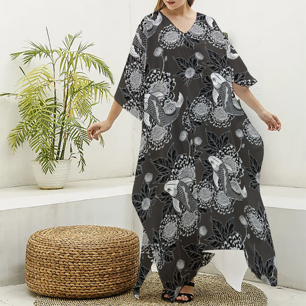 Koi Carp And Chrysanthemum Pattern Print Silk V-Neck Kaftan Dress