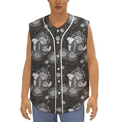 Koi Carp And Chrysanthemum Pattern Print Sleeveless Baseball Jersey