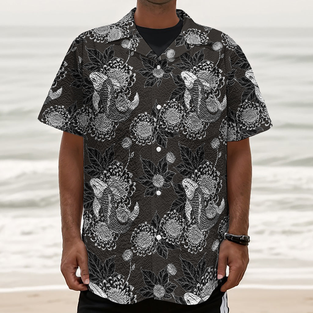 Koi Carp And Chrysanthemum Pattern Print Textured Short Sleeve Shirt