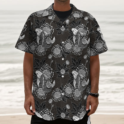 Koi Carp And Chrysanthemum Pattern Print Textured Short Sleeve Shirt