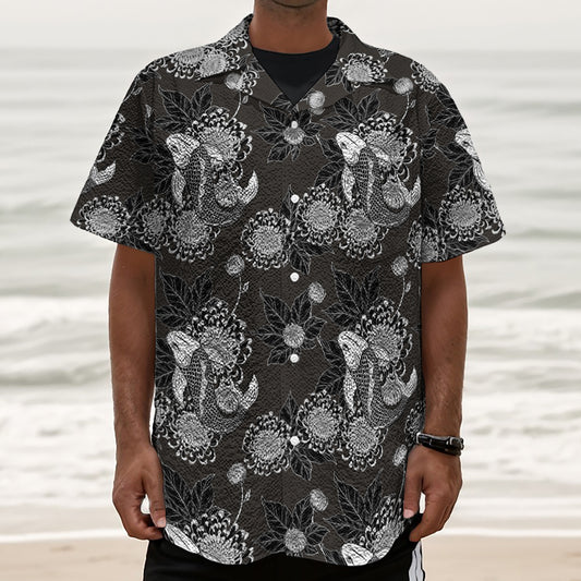 Koi Carp And Chrysanthemum Pattern Print Textured Short Sleeve Shirt
