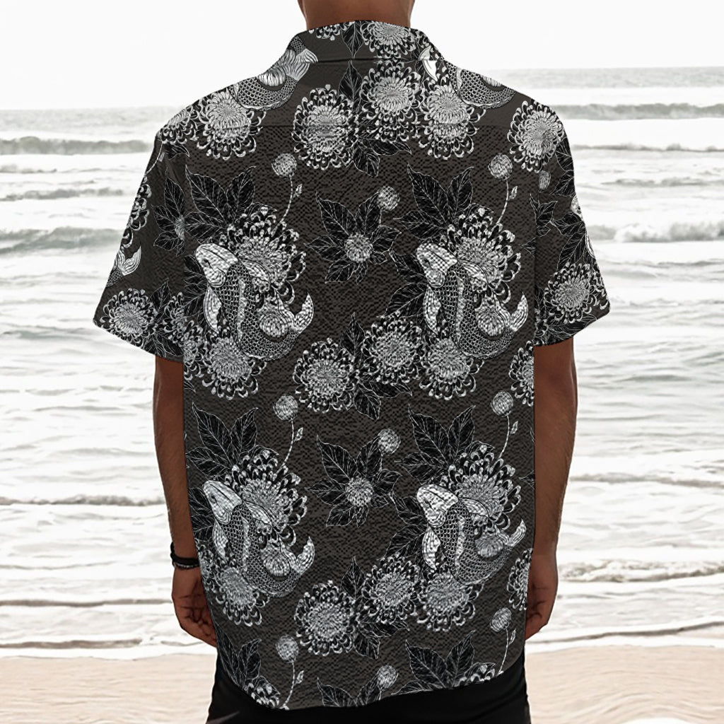 Koi Carp And Chrysanthemum Pattern Print Textured Short Sleeve Shirt
