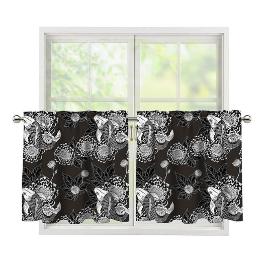 Koi Carp And Chrysanthemum Pattern Print Tier Curtains