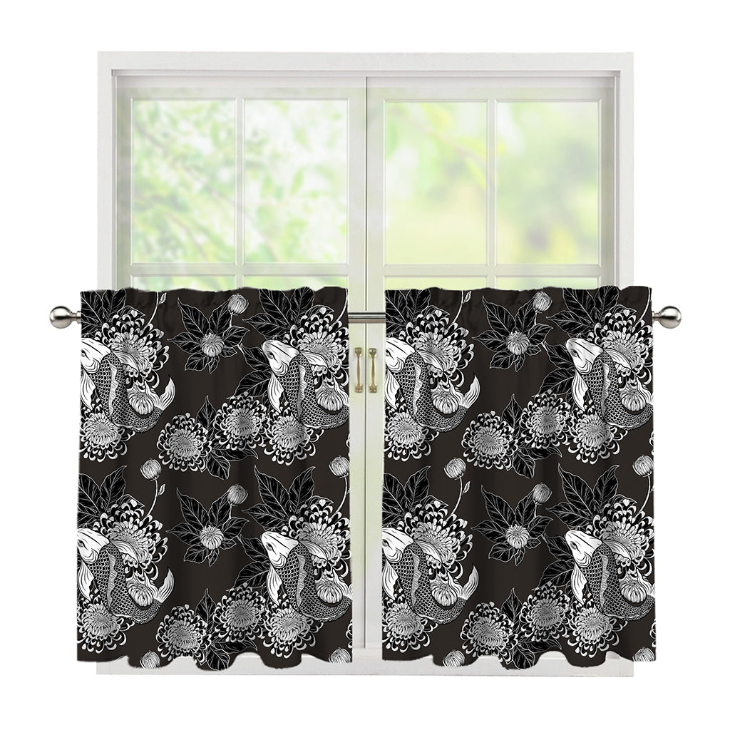 Koi Carp And Chrysanthemum Pattern Print Tier Curtains