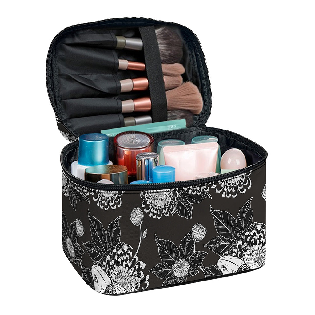 Koi Carp And Chrysanthemum Pattern Print Travel Makeup Bag