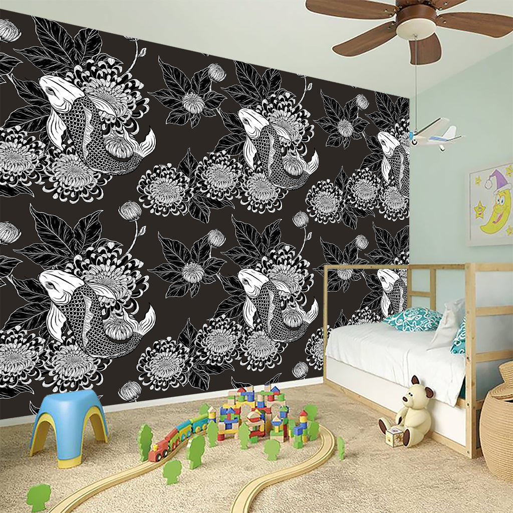 Koi Carp And Chrysanthemum Pattern Print Wall Sticker