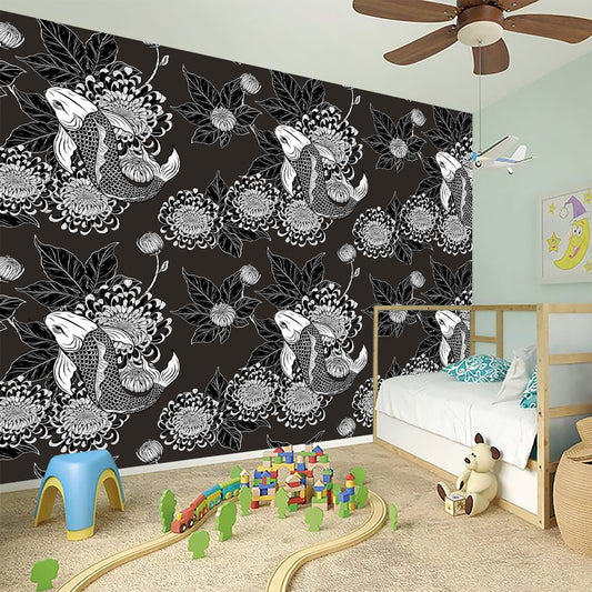 Koi Carp And Chrysanthemum Pattern Print Wall Sticker