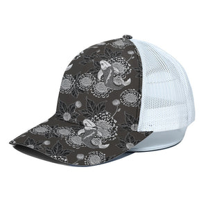 Koi Carp And Chrysanthemum Pattern Print White Mesh Trucker Cap