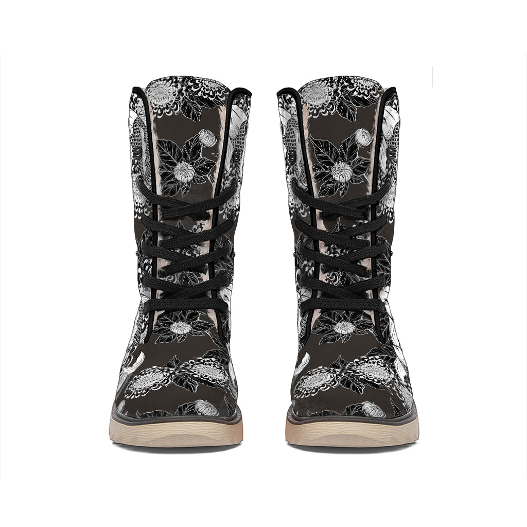 Koi Carp And Chrysanthemum Pattern Print Winter Boots