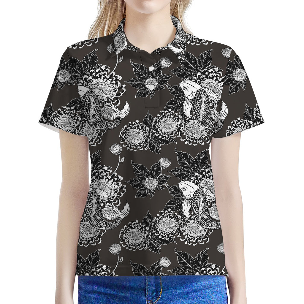 Koi Carp And Chrysanthemum Pattern Print Women's Polo Shirt