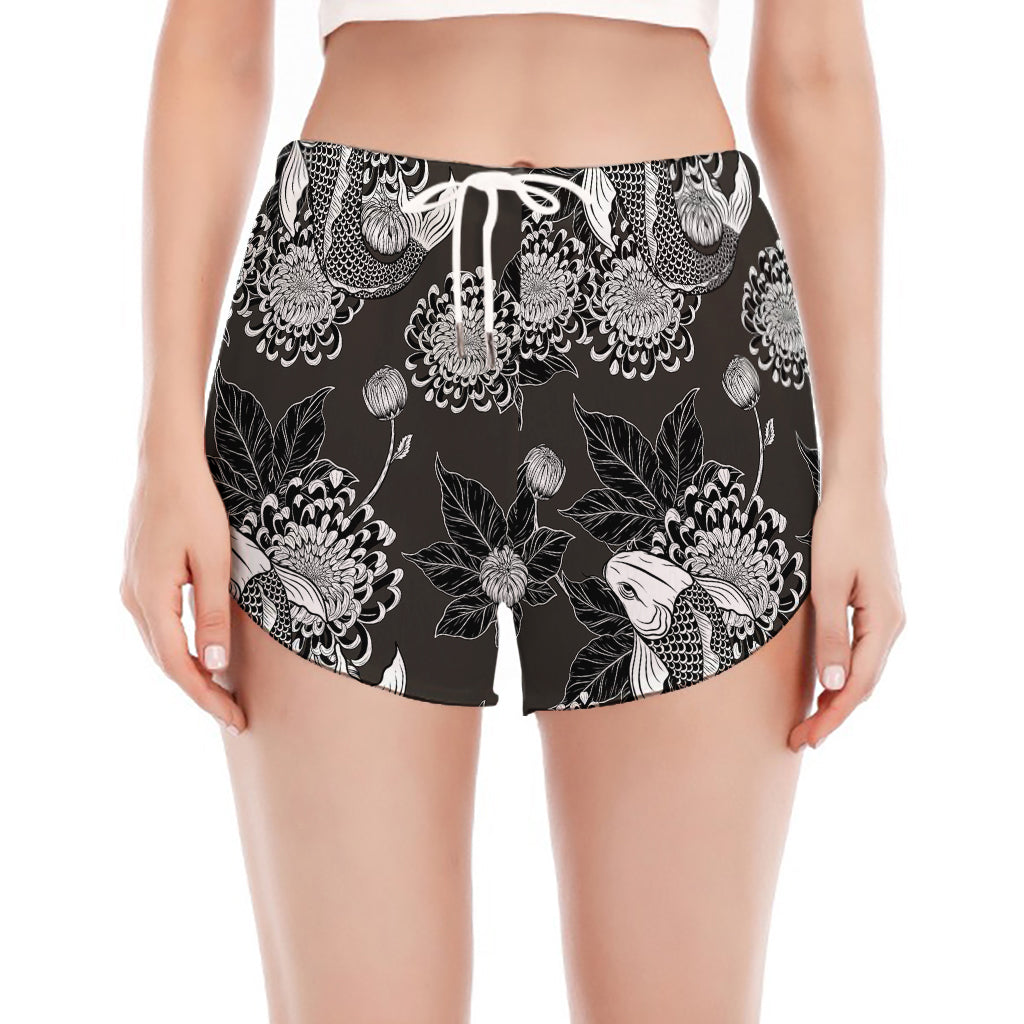 Koi Carp And Chrysanthemum Pattern Print Women's Split Running Shorts