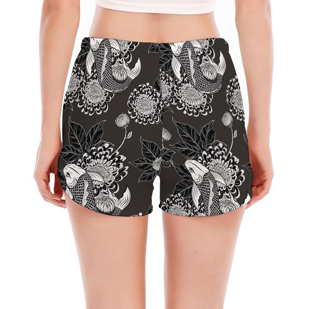 Koi Carp And Chrysanthemum Pattern Print Women's Split Running Shorts