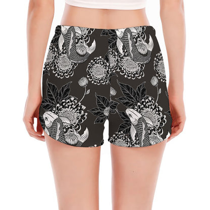 Koi Carp And Chrysanthemum Pattern Print Women's Split Running Shorts