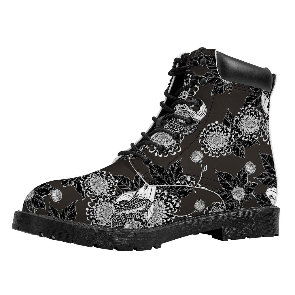 Koi Carp And Chrysanthemum Pattern Print Work Boots