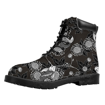 Koi Carp And Chrysanthemum Pattern Print Work Boots