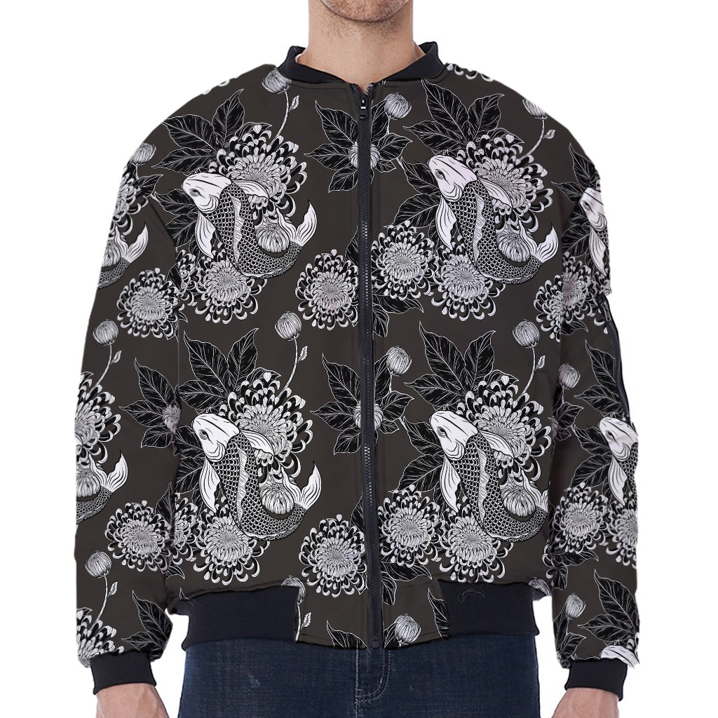 Koi Carp And Chrysanthemum Pattern Print Zip Sleeve Bomber Jacket