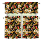 Koi Carp And Lotus Pattern Print 3 Piece Kitchen Curtains