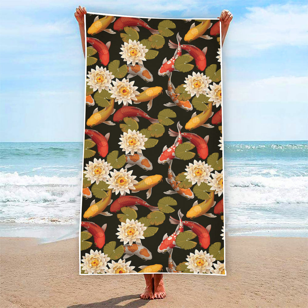 Koi Carp And Lotus Pattern Print Beach Towel