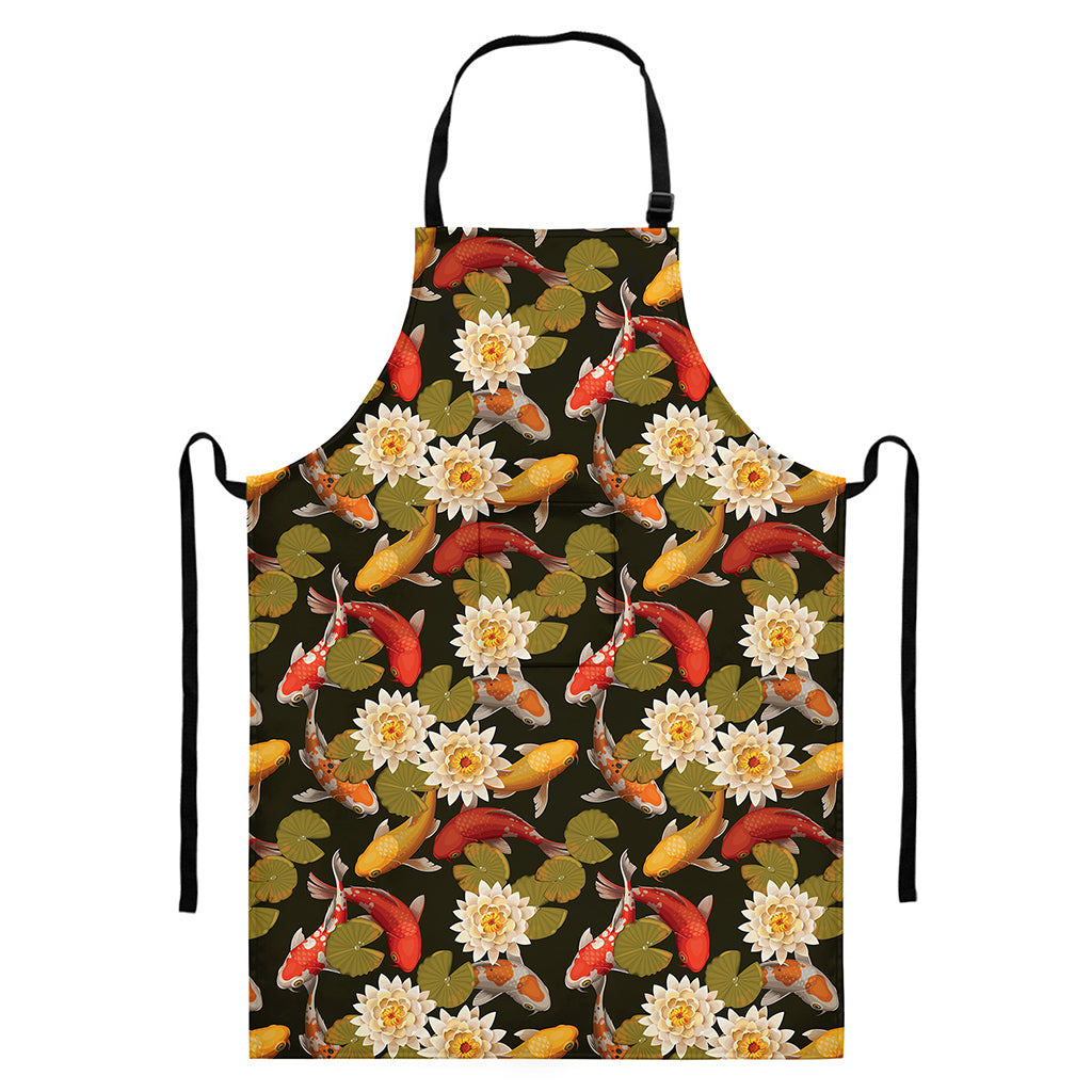 Koi Carp And Lotus Pattern Print Bib Apron With Pocket