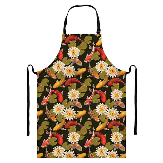 Koi Carp And Lotus Pattern Print Bib Apron With Pocket
