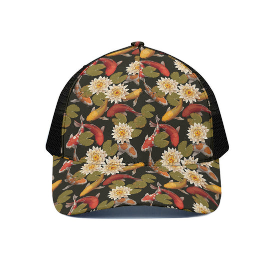 Koi Carp And Lotus Pattern Print Black Mesh Trucker Cap
