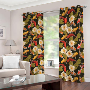 Koi Carp And Lotus Pattern Print Blackout Grommet Curtains