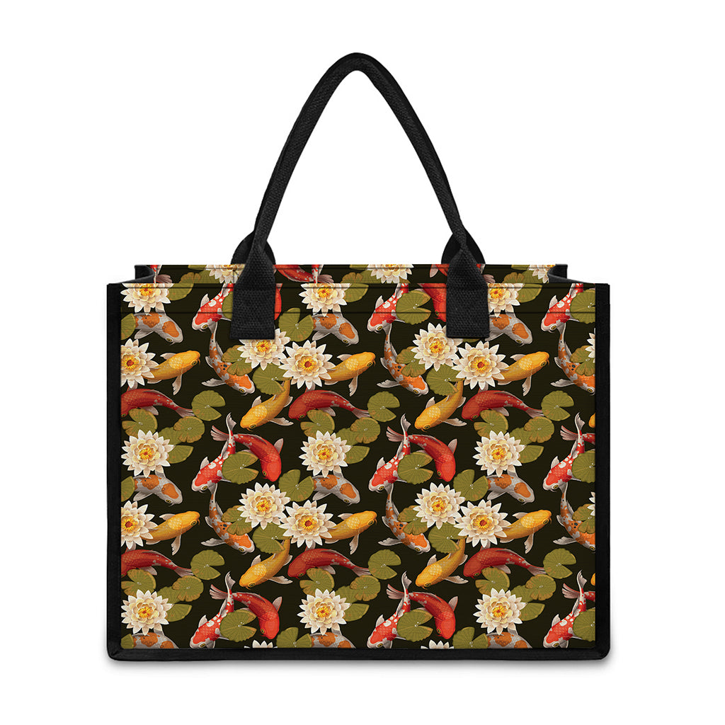 Koi Carp And Lotus Pattern Print Canvas Tote Bag