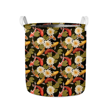 Koi Carp And Lotus Pattern Print Collapsible Laundry Basket