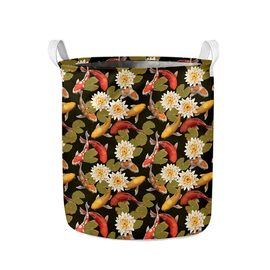 Koi Carp And Lotus Pattern Print Collapsible Laundry Basket