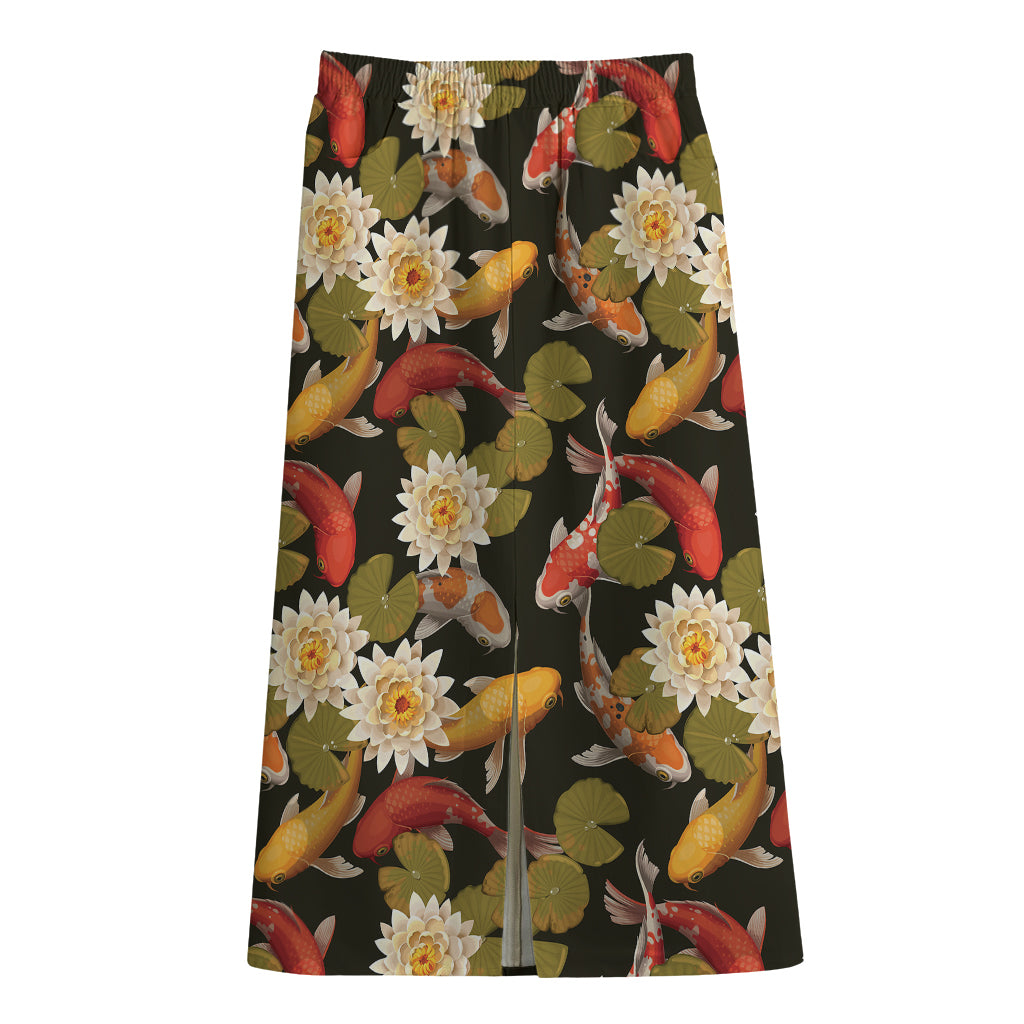 Koi Carp And Lotus Pattern Print Cotton Front Slit Maxi Skirt