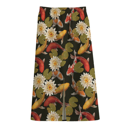Koi Carp And Lotus Pattern Print Cotton Front Slit Maxi Skirt