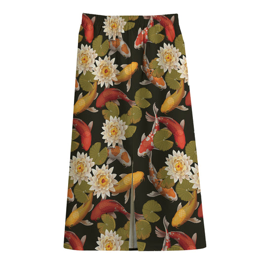 Koi Carp And Lotus Pattern Print Cotton Front Slit Maxi Skirt