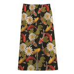 Koi Carp And Lotus Pattern Print Cotton Front Slit Maxi Skirt