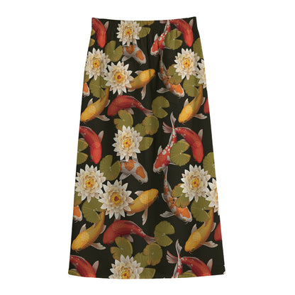 Koi Carp And Lotus Pattern Print Cotton Front Slit Maxi Skirt